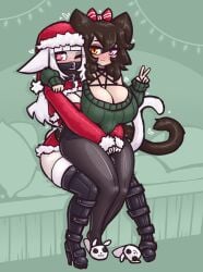 1futa 1girls 2022 :3 animal_ears bangs big_breasts breasts brown_hair cat_ears cat_tail catgirl catrina_(limebreaker) christmas cleavage clothed clothing duo erection female fully_clothed futa_on_female futanari hair_between_eyes heart-shaped_pupils hidden_sex high_heels huge_breasts huge_cock humanoid implied_futanari implied_sex kemonomimi light-skinned_futanari light_skin limebreaker long_hair one_eye_closed original qaitlynne red_eyes sitting sitting_on_lap sitting_on_person stomach_bulge sweater tagme thick_thighs v white_hair wide_hips