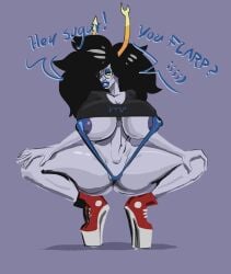 1girls areolae bimbo bimbo_body bimbofied black_hair blue_eyes eyepatch female female_only glasses grey_skin high_heels homestuck horn horns lipstick long_hair looking_at_viewer putricia shirt shirt_lift shoes solo speech_bubble string_bikini text thick_thighs vriska_serket yellow_sclera