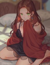 1girls alternate_costume bed black_dress blush brown_hair cleavage dorothea_arnault fire_emblem fire_emblem:_three_houses green_eyes kh_(tanakananataka) kneeling lingerie looking_at_viewer nail_polish nintendo post-timeskip thick_thighs