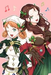 2girls alternate_costume annette_fantine_dominic annette_fantine_dominic_(winter) blue_eyes brown_hair christmas cleavage clothed dorothea_arnault dorothea_arnault_(winter) female female_only fire_emblem fire_emblem:_three_houses fire_emblem_heroes green_eyes hand_on_chest kh_(tanakananataka) looking_at_each_other multiple_girls nintendo official_alternate_costume orange_hair singing smile wink