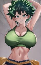 ai_generated armpits arms_up breasts cleavage female_deku green_eyes green_hair izuku_midoriya large_breasts merukuma midriff my_hero_academia rule_63 short_hair smile