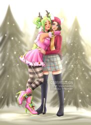 2girls antler_headband beanie brunette christmas eyes_closed female female_focus fortnite green_hair hands_on_hips hat hugging looking_at_viewer skirt skye_(fortnite) smile snow stockings tagme tyrana winter_wonder_skye_(fortnite) zoey_(fortnite)