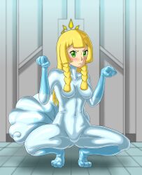 1girls alolan_vulpix_(cosplay) blonde_hair blue_bodysuit bodysuit female female_focus female_only human kmrmur lillie_(pokemon) pokemon pokemon_(cosplay) pokemon_sm pokemorph pokesuit rubber_suit solo solo_female sweat vulpix_(cosplay)