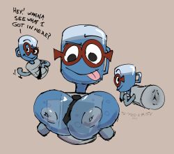 animate_inanimate anthro asshole big_breasts breasts fondling glasses jackbox_games job_job large_areolae m._bubbles messy offering presenting raised_eyebrow see-through signature simple_background spicemanart text the_jackbox_party_pack_8 tie tongue_out water water_cooler