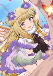 1boy 1girls antennae bangs black_gloves blonde_hair blunt_bangs blush brown_hairband butterfly_wings closed_mouth clothed_female_nude_male commission cum cum_in_glove dress eyebrows_visible_through_hair female flower gloved_handjob glovejob gloves gran_(granblue_fantasy) granblue_fantasy hair_flower hair_ornament hairband handjob highres light-skinned_female light-skinned_male light_skin looking_at_another multicolored_clothes multicolored_dress nude onibi_2 penis purple_eyes skeb_commission straight sylph_(granblue_fantasy) wings