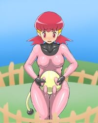 1girls bodysuit female female_focus female_only fully_clothed kmrmur miltank_(cosplay) pokemon pokemon_(cosplay) pokemon_gsc pokesuit rubber_suit solo solo_female udders whitney_(pokemon)