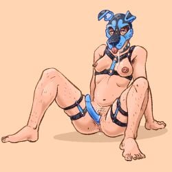 1girls 2019 adabear anus armpit blue_eyes breasts brown_hair collar double_sided_dildo drooling human leg_hair nipple_piercing nipples petplay pubic_hair pup_hood pup_mask puppyplay pussy sitting solo solo_female thigh_strap tongue tongue_out vagina