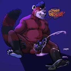 1boy 2020 adabear anthro balls black_fur black_hair brown_fur claws closed_eyes cum furry male masturbation nipples orgasm pawpads paws penis red_panda snarling solo solo_male teeth text underwear underwear_around_one_leg white_claws white_pawpads