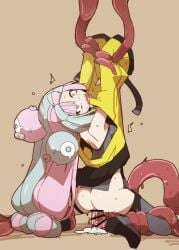 ass blue_hair coat cum cum_in_pussy cumdrip female highres iono_(pokemon) long_hair magnemite_hairclips nns_(sobchan) pink_eyes pink_hair pokemon pokemon_(game) pokemon_sv restrained sharp_teeth tearing_up teeth tentacle tentacle_sex thighhighs twintails yellow_coat