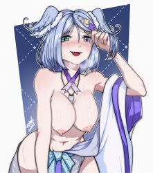 blue_hair blush bob_cut breasts elira_pendora elira_pendora_(2nd_costume) fangs head_wings heterochromia key_necklace leone145d86 navel nijisanji nijisanji_en nipples no_mole sweat topless virtual_youtuber