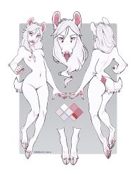 absurd_res anthro ass breasts cloven_hooves deer fangs female front_view fur genitals hair hi_res hooves lausig looking_at_viewer mammal model_sheet moschid multiple_angles nipples pussy rear_view red_eyes sabertooth_(anatomy) small_breasts solo tongue tongue_out white_body white_fur white_hair