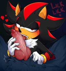 anthro big_penis black_fur blue_fur blush canine_penis fang fur gay genital_fluids gloves half-closed_eyes handwear hedgehog knot licking licking_penis looking_annoyed looking_at_viewer male_only mobian_(species) oral oral_sex precum precum_drip red_eyes sega shadow_the_hedgehog sonadow sonic_(series) sonic_the_hedgehog sonic_the_hedgehog_(series) sonic_the_werehog touching_penis venao werewolf yaoi