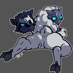 1boy 1girls 3rn_14 animal_genitalia big_ass blue_eyes fat_ass fluffy fluffy_tail furry hooves kindred lamb_(league_of_legends) league_of_legends mask pussy simple_background sticker thick_thighs white_fur wolf_(league_of_legends)