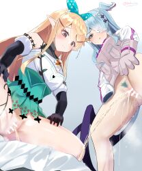 2girls blonde_hair blue_hair bottomless elira_pendora gloves michinoku_(michino934) multiple_girls nijisanji nijisanji_en peeing pointy_ears pomu_rainpuff pubic_hair pussy squatting urination urine virtual_youtuber wings