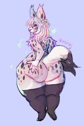 ambiguous_gender androgynous anthro ass ass big_ass big_butt black_nose boyclussy furry grey_eyes grey_fur hand_on_ass hand_on_butt long_hair looking_back purple_background solo spotted_fur standing sweat thick_thighs thigh_highs thighhighs white_body white_fur white_hair