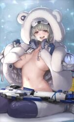 1girls animal_costume coat goddess_of_victory:_nikke gun headphones igloo medium_hair mouth_open navel neve_(nikke) no_bra open_bodysuit open_clothes sleep_mask smile teeth thighs underboob weapon white_hair yellow_eyes