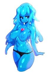 absurdres black_panties blue_eyes blue_hair breasts commentary english_commentary female heart highres long_hair looking_at_viewer medium_breasts monster_girl navel nipples original panties pointy_ears simple_background slime_girl slugbox smile solo thighs topless underwear white_background