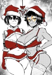 2girls abs athletic athletic_female big_ass big_breasts christmas christmas_clothing christmas_hat christmas_outfit cleavage cleavage_cutout clothing curvy dark-skinned_female dark_skin female female_only freckles holly_(plant) human irezumi large_breasts multiple_girls nervous nervous_smile no_visible_genitalia red_berries renenet_(tomboy_sama) ryona_(tomboy_sama) santa_hat scar short_hair slightly_chubby smile smiling solo spiky_leaves sweat sweating thick_thighs thighhighs tomboy tomboy_sama