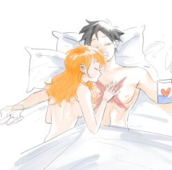 1boy 1boy1girl 1girls bed black_hair blanket breast_squish breasts chest completely_nude couple curvy_female female hand_on_chest iwantsomemeat long_hair male monkey_d_luffy muscular_male nami nude one_piece orange_hair pillow post-timeskip romantic scar short_hair sideboob sleeping sleeping_naked sleeping_nude sleeping_together straight_hair wholesome