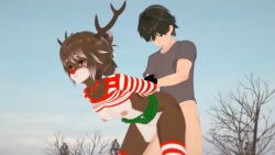 bell bell_collar breasts breasts brown_eyes brown_eyes_female brown_fur christmas from_behind from_behind_position furry furry_female holiday holidays horns horns_girl red_nose reindeer reindeer_horns striped_pantyhose striped_shirt xmas