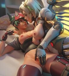 2girls 3d angela_ziegler blonde_hair breasts breasts_out dbgret fingering fingerless_gloves gloves green_eyes green_hair gretdb kiriko_(overwatch) looking_at_another lying mechanical_wings mercy overwatch overwatch_2 wings yuri