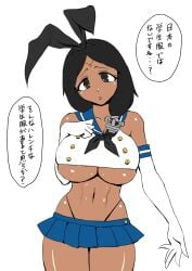 big_breasts black_eyes black_hair brown_skin bunny_ears circlet crop_top dark-skinned_female dark_skin deusa elbow_gloves female female_only gaolang_wongsawat genderswap_(mtf) gloves hair_ornament hairbow japanese_text kengan_(series) kengan_ashura looking_at_viewer low-tied_long_hair miniskirt no_bra pleated_skirt rule_63 sailor_collar shimakaze_(kantai_collection)_(cosplay) solo thick_thighs thong_above_skirt thong_straps tied_hair underboob white_gloves