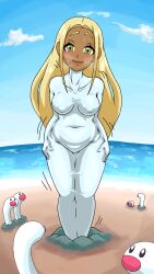 1girls bodysuit creepy female female_focus female_only kmrmur npc_trainer pokemon pokemon_(cosplay) pokesuit rubber_suit solo solo_female swimmer_(pokemon) swimmer_(pokemon_xy) transformation wiglett wiglett_(cosplay)