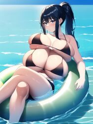 4_breasts ai_generated bangs beach big_breasts bikini black_hair blue_eyes breasts cleavage huge_breasts innertube laying_down legs_crossed multi_breast nai_diffusion ocean ponytail pool_float raft relaxing sidelocks sitting stable_diffusion string_bikini tetra_(oc) tetra_ai tight_clothing wet