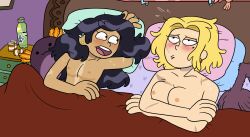 amphibia amphibia_(finale) amphibia_(season_3) blush chimeracocks human long_hair marcy_wu piercing post_sex sasha_waybright scars_all_over straight_hair stuffed_animal sweat sword talking_to_partner top_surgery_scars under_covers