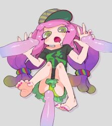 1girls 3boys barefoot feet female fully_clothed green_eyes harmony_(splatoon) hat imminent_gangbang masha nail_polish open_mouth pink_hair pink_nails splatoon splatoon_(series) splatoon_3 toes