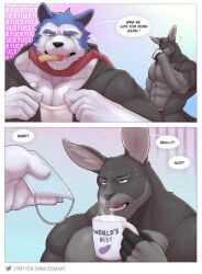 boyfriends clothes coffee coffee_mug dating face_mask food furry gay kangaroo male/male male_only mask muscular naked naked_male no_humans no_penetration no_sex relationship speech_bubble sweat sweatdrop wolf zcik