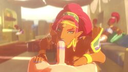 1boy 1girls 3d animated blowjob blue_lipstick blue_nails breath_of_the_wild bronze_skin_color dark-skinned_female dark_skin eye_contact fellatio female fluids foreskin gerudo green_eyes light-skinned_male light_skin link link_(breath_of_the_wild) lipstick lipstick_on_penis long_hair looking_at_viewer male male/female male_pov nail_polish nodusfm normal_size_dick oral oral_penetration oral_sex pov public public_nudity saliva saliva_string seductive_look sound straight the_legend_of_zelda uncut unseen_male_face urbosa video