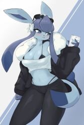 1girls anthro blue_eyes blue_fur blush bra_visible_through_clothes crop_top eeveelution fashion furry game_freak glaceon glasses nintendo phone pokémon_(species) pokemon pokemon_(species) pokemon_dppt thong yoru_vida