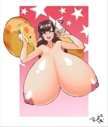 3d_(artwork) areola belly big_belly big_breasts blizzard_entertainment breast_imprints breasts brown_hair d.va digestion digital_media_(artwork) face_imprint female female_prey feral gigantic_breasts hair headphones huge_breasts human imprint large_breasts light_body light_skin mammal nipples nude open_mouth overwatch reptile rupie_(artist) scalie simple_background snake snake_vore star video_games vore white_background yellow_sclera