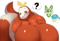 ? anthro blush breasts c_geyser featureless_breasts female fuecoco furry gynomorph huge_breasts kify nintendo pokémon_(species) pokemon pokemon_sv quaxly sprigatito thick_thighs video_games wide_hips