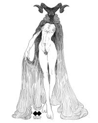 barely_visible_genitalia barely_visible_pussy bovid breasts cape caprine caprine_demon clothing demon feet female genitals godiva_ghoul hi_res horn humanoid_feet mammal medium_breasts monochrome nipples nude pubes pussy solo tattoo