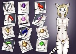 2022 anthro balls black_stripes blonde_hair cage caged caged_cock chastity chastity_cage chastity_device cock_cage danaume english_text felid femboy front_view genitals girly hair hands_behind_back hybrid liger lion looking_aside male mammal markings navel nude pantherine penis_cage penis_shrinking photo pink_nose simple_background solo standing striped_body striped_markings striped_tail stripes tail_markings text time_lapse white_body