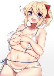 2016 arm_over_breasts arm_under_breasts big_breasts bikini blonde_hair blue_eyes elf_ears fino_bloodstone grabbing_own_breast hairbow hand_on_breast looking_at_viewer oerba_yun_fang open_mouth osiimi ponytail white_background yuusha_ni_narenakatta_ore_wa_shibushibu_shuushoku_wo_ketsui_shimashita.