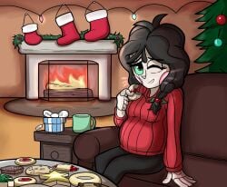 black_hair blue_eye christmas christmas_stocking christmas_tree emmy_the_robot fireplace green_eyes heterochromia lulu_the_nandroid mug nandroid pregnant present_box robot robot_girl supra80