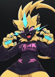 1girls anthro azuu azuuart big_breasts black_sweater claws female female_only female_pokemon furry light_purple_eyes open_mouth pierced_ears piercing pokémon_(species) pokemon purple_eyes solo sweater yellow_fur zeraora