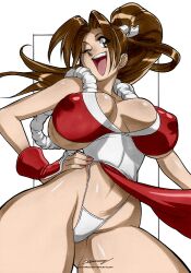 1girls breasts brown_eyes brown_hair cleavage clothing curvaceous erect_nipples fatal_fury female female_only hand_on_hip high_ponytail highleg highleg_panties huge_breasts kenkira king_of_fighters large_breasts laughing long_hair looking_at_viewer mai_shiranui nipples one_eye_closed open_mouth panties pantsu pelvic_curtain ponytail revealing_clothes simple_background smile snk solo thick_thighs thighs thong tied_hair underwear white_background white_panties wink