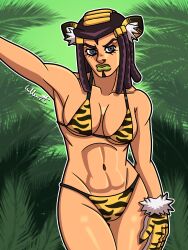 1girls abs armpits cat_ears cat_gloves ermes_costello jojo's_bizarre_adventure jungle melloyman sexy_armpits stone_ocean suggestive tiger_print tiger_print_bikini