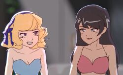 2girls absurd_res bangs big_breasts black_hair blonde_hair blurry blurry_background bow breasts cleavage dailymsa dark_hair elena_(my_story_animated) female female_focus female_only hair hair_ribbon implied_yuri light-skinned_female light_skin long_hair my_story_animated purple_eyes quinn_(my_story_animated) short_hair simple_background youtube