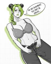 1futa 2022 alternate_breast_size big_breasts big_penis black_hair blush bra breasts clothed clothing cock dialogue english_text flaccid futa_only futanari green_hair green_lipstick hi_res high_resolution highres huge_breasts human jojo's_bizarre_adventure jolyne_kujo joylewds large_breasts no_nut_november partially_clothed penis penis_under_clothes restricted_palette solo solo_female solo_futa spot_color standing stone_ocean text text_bubble two_tone_hair white_background