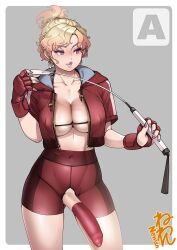 1futa 2022 big_breasts big_penis blonde_hair breasts cleavage clothed clothing condom erection futa_only futa_sans_balls futanari human light-skinned_futanari light_skin mostly_clothed neone-x penis riding_crop short_hair shorts solo standing