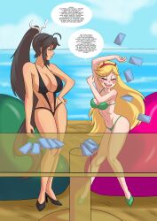 2girls anoneysnufftan arabatos beach bikini black_hair blonde_hair cards celebration chair comic comic_page crossover dancing defeated defeated_heroine dialogue disney disney_channel disney_xd eastern_and_western_character female female_only heels high_heels homura_(senran_kagura) jealous long_hair navel outdoors outside peril poker senran_kagura sling_bikini standing star_butterfly star_vs_the_forces_of_evil summer swimsuit table victory