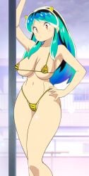 accurate_art_style areolae big_breasts bikini edit female female_only green_hair lum monkeyman_(artist) navel oni oni_horns pointy_ears sagging_breasts screencap screenshot_edit skimpy urusei_yatsura