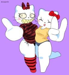 2girls anthro anthro_only felid feline felis female female_only furry furry_only hello_kitty hello_kitty_(character) hello_kitty_(series) hot_topic kitty_white kneesocks middle_finger peace_sign sanrio savagensfw sharp_teeth sweetypuss thick thick_thighs thighs white_body white_fur yuri