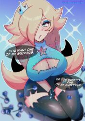 big_breasts bimbo blue_eyes boob_window breasts clothed clothing cresscin crown dialogue fully_clothed light_blue_eyes long_hair mario_(series) nintendo princess_rosalina royal royalty skirt super_mario_galaxy text thick_thighs thighhighs thighs