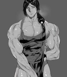 apron bara big_pecs breath circlet cleavage gaolang_wongsawat huge_pecs kengan_(series) kengan_ashura long_hair long_hair_male looking_at_viewer low-tied_long_hair low_ponytail male male_only monochrome muscular muscular_male naked_apron ongaolantiddies pecs solo tied_hair veiny_muscles